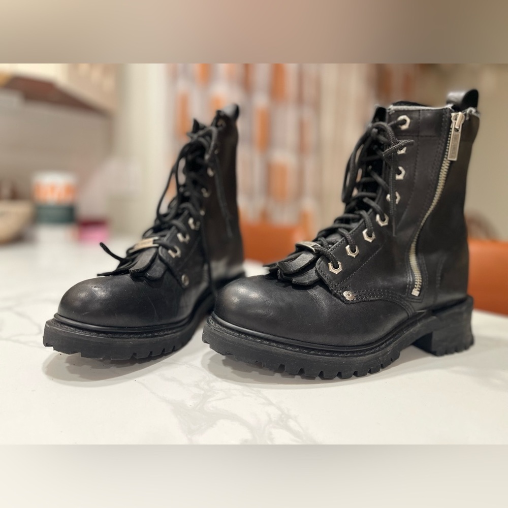 Harley Davidson moto boots. Combat style. See images for wear and tear.